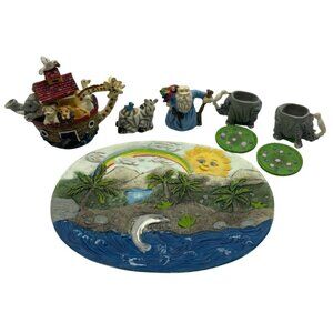 Noahs Ark Tiny Ceramic Tea Set With Animal Cups Creamer Sugar Scene Plate